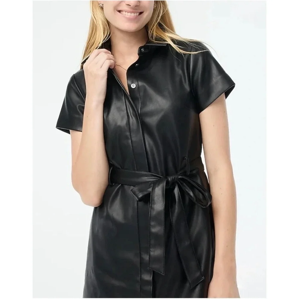 NWT!! J.‎ CREW Solid Black Button Front Faux Leather Dress Belted Vegan Small
